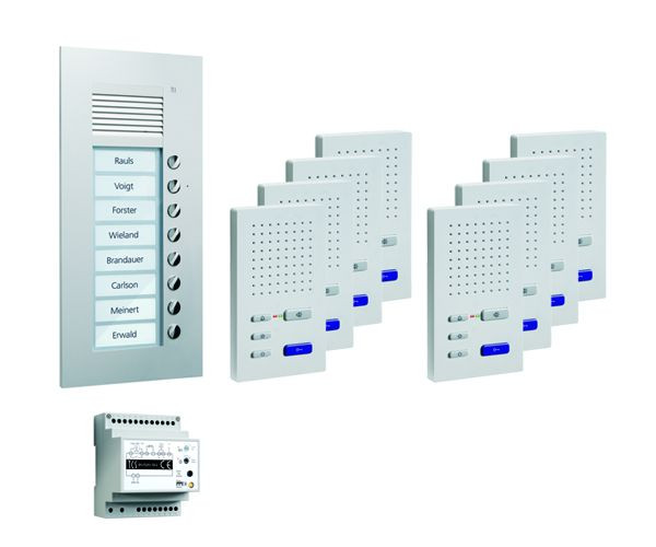Sistema de control de puerta TCS audio: paquete UP para 8 unidades residenciales, con placa exterior PUK 8 botones de timbre, 8 altavoces manos libres ISW3030, unidad de control BVS20, PPUF08-EN / 02