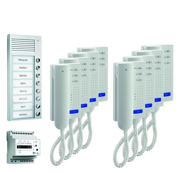 Sistema de control de puerta TCS audio: paquete AP para 8 unidades residenciales, con placa exterior PAK 8 botones de timbre, 8 teléfonos de puerta ISH3030, unidad de control BVS20, PPA08-EN / 02