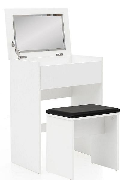 Wohnling tocador 60x81x40 cm mesa consola blanca de madera moderna, tocador con taburete y espejo, tocador blanco con compartimento plegable, WL5.730