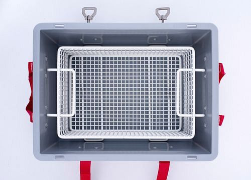 Caja de batería DENIOS de PP, 8 litros, XS-Box 1 Advanced, relleno de PyroBubbles®, 261-765