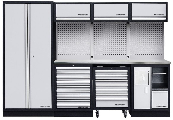Kraftwerk MOBILIO Sistema de armario de taller de 4 elementos con armario enrollable y encimera de acero inoxidable sin óxido, con pared cuadrada perforada, 3964DIX
