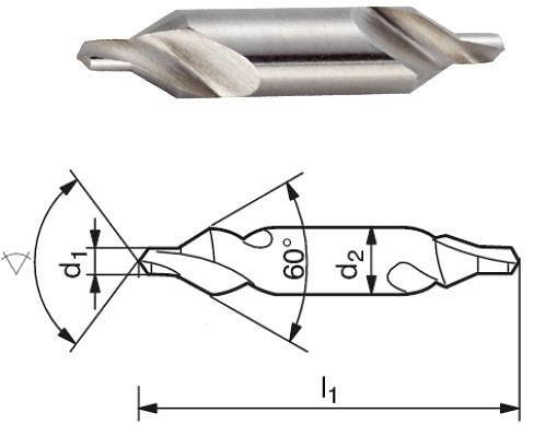 Broca central ELMAG DIN 333 forma A, Ø de perforación: 5, 00 x Ø de vástago: 12,50 mm, longitud: 63 mm, ranurado en espiral, ángulo de avellanado de 60°, corte a la derecha, de HSS, 89075