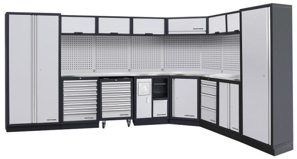 Sistema de armario de taller de 8 elementos Kraftwerk MOBILIO - solución de esquina, con pared cuadrada perforada, 3964EIX