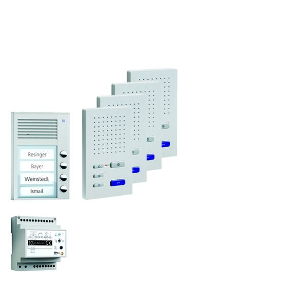 Sistema de control de puerta TCS audio: paquete AP para 4 unidades residenciales, con placa exterior PAK 4 botones de timbre, 4 altavoces manos libres ISW3030, unidad de control BVS20, PPAF04-EN / 02