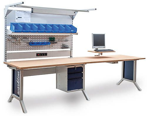 Bedrunka+Hirth Workline combinación de mesa básica y extensible, ajuste de manivela, 2x tablero de trabajo multiplex de haya, 3000 x 750 mm, 07.10.15.10.96