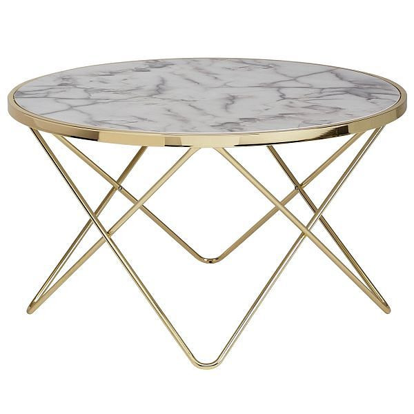 Wohnling Design Mesa de centro con aspecto de mármol, color blanco, redonda, diámetro 85 cm, estructura de metal dorado, WL5.998