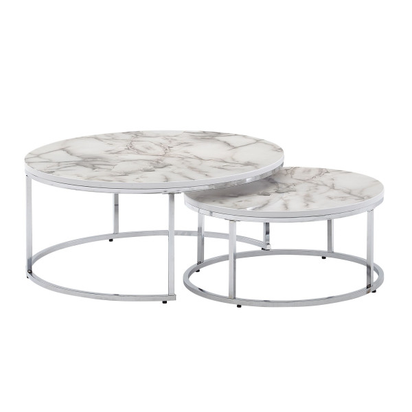 Wohnling Juego de 2 mesas de centro, mesa de sofá con aspecto de mármol blanco y plateado, mesa auxiliar redonda y moderna, 2 piezas, mesas redondas de metal para salón, WL6.509