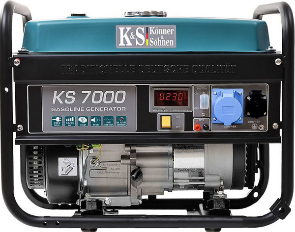 Könner & Söhnen Generador de gasolina de 5500W, 1x16A(230V)/1x32A(230V), 12V, regulador de voltaje, protección contra bajo nivel de aceite, protección contra sobretensiones, pantalla, KS 7000