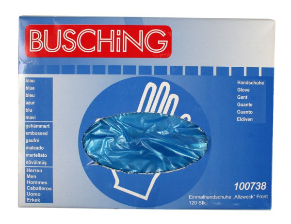 Guantes desechables Busching "multiusos" azules, extracción frontal, 1 caja dispensadora (120 unidades), paquete de 10 unidades, 100738
