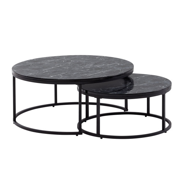 Wohnling Juego de 2 mesas de centro con aspecto de mármol negro, mesa de sofá redonda y moderna, mesa auxiliar de 2 piezas de metal, mesas redondas de salón, mesas nido de diseño, WL6.506