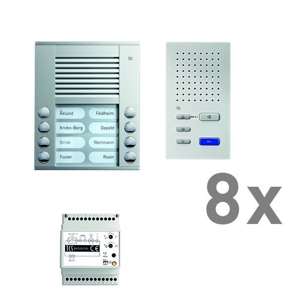 Sistema de control de puerta TCS audio: paquete AP para 8 unidades residenciales, con placa exterior PES 8 botones de timbre, 8 altavoces manos libres ISW3030, unidad de control BVS20, PAAF082 / 002