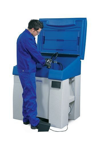 DENIOS Safety Cleaner L 500, dispositivo de limpieza de piezas de PE para disolventes, con cubierta protectora, 178-520