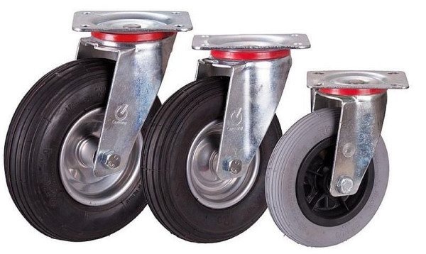 Rueda giratoria VARIOfit con ruedas neumáticas, 200 x 50 mm, negra, con llanta de acero, lpl-200.000
