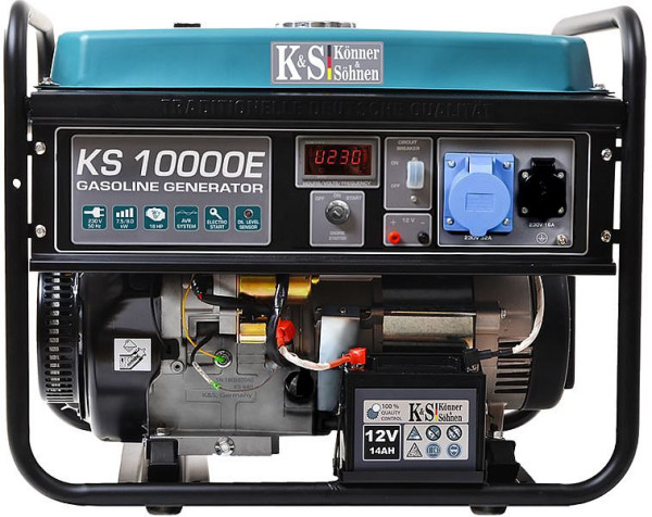 Könner & Söhnen Generador eléctrico de gasolina de 8000W, 1x16A(230V)/1x32A(230V), 12V, regulador de voltaje, protección contra bajo nivel de aceite, protección contra sobretensiones, pantalla, KS 10000E