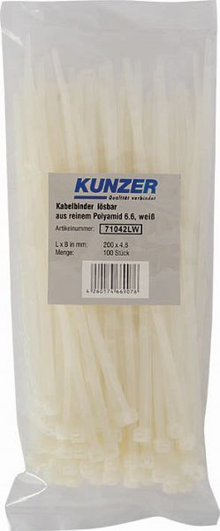 Kunzer Bridas para cables 200 x 4,8 blancas (100 piezas) desmontables, 71042LW