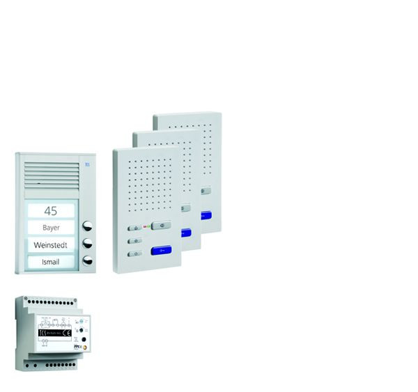 Sistema de control de puerta TCS audio: paquete AP para 3 unidades residenciales, con placa exterior PAK 3 botones de timbre, 3 altavoces manos libres ISW3030, unidad de control BVS20, PPAF03-EN / 02
