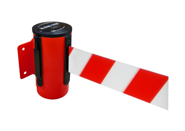 Cinta de barrera RS-GUIDESYSTEMS para montaje en pared con correa, carcasa: roja / correa: franjas diagonales rojas y blancas, longitud de la correa: 4,0 m, GLW 25-D/13-4.0