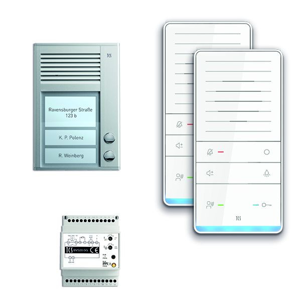 Sistema de control de puerta TCS audio: paquete AP para 2 unidades residenciales, con placa exterior PAK 2 botones de timbre, 2 altavoces manos libres ISW5031, unidad de control BVS20, PAAF021 / 001