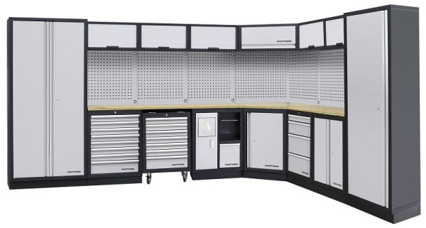 Sistema de armario de taller de 8 elementos Kraftwerk MOBILIO - solución de esquina, con pared perforada cuadrada, 3964E