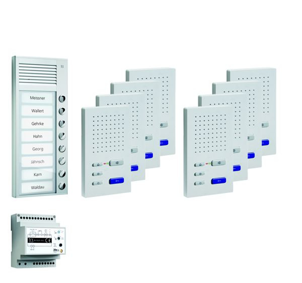 Sistema de control de puerta TCS audio: paquete AP para 8 unidades residenciales, con placa exterior PAK 8 botones de timbre, 8 altavoces manos libres ISW3030, unidad de control BVS20, PPAF08-EN / 02