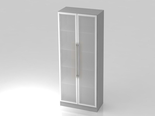 Armario con puerta de cristal Hammerbacher 5OH, panel inferior, tirador de barandilla de plástico, gris/plateado, V7100G/5/S