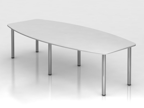 Mesa de conferencias Hammerbacher 280 cm/6 patas cromadas blanca, forma de barril, VKT28C/W/C