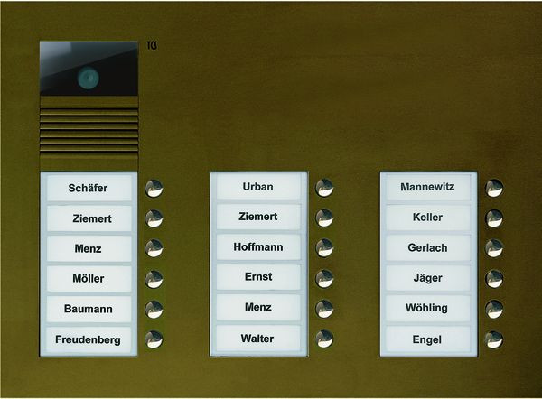 Estación exterior de video TCS serie AVU con 18 botones de timbre (alineados a la derecha), 3 columnas, bronce UP, AVU16180-0012