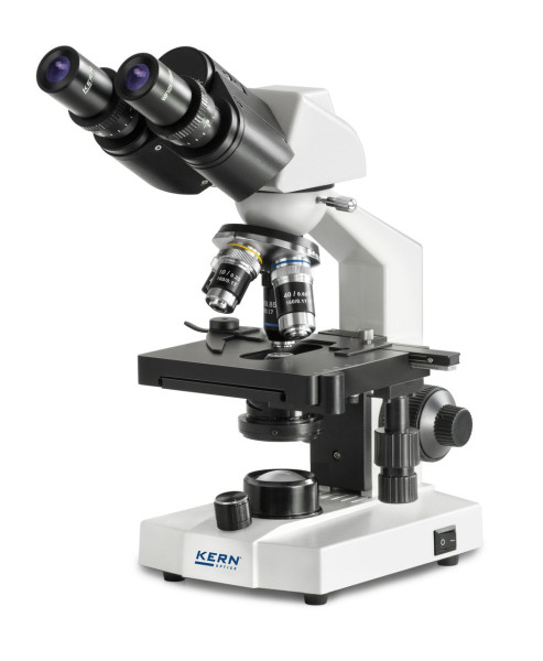 KERN Optics microscopio de luz transmitida (escolar) binocular acromático 4/10/40; WF10x18; LED 0.5W, recarga, platina mecánica, OBS 106