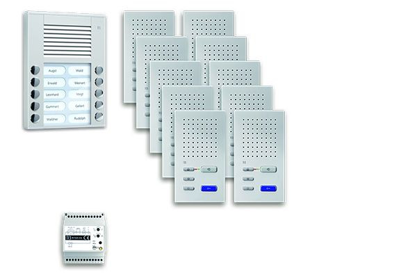 Sistema de control de puerta TCS audio: paquete AP para 10 unidades residenciales, con estación exterior PES 10 botones de timbre, 10 altavoces manos libres ISW3030, unidad de control, PPAF10-EN / 02