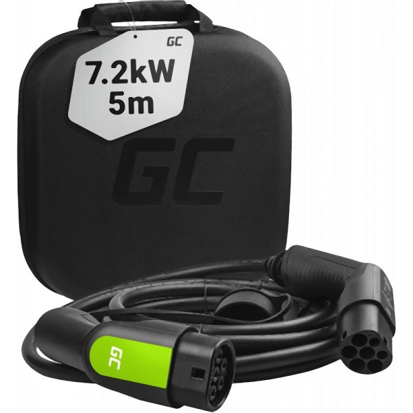 Cable Green Cell GC tipo 2 7,2kW, cable de carga (EV/PHEV, cargador de batería, 5m, 32A, para EV Tesla, Leaf, Ioniq, Kona, E-tron, Zoe), EV09