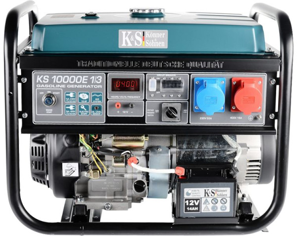 Könner & Söhnen Generador eléctrico de arranque de gasolina, 8000W, 1x32A(230V)/1x16A(400V), 12V, regulador de voltaje, pantalla, KS 10000E-1/3