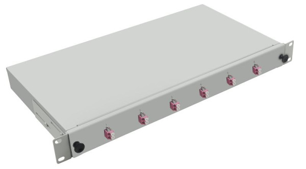 Caja de conexiones Helos de fibra óptica de 19&quot; con 6 acoplamientos dúplex LC OM4, gris, 254640