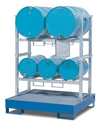 Portabarricas DENIOS AWS 11 para 3 barricas de 60 y 2 barricas de 200 litros, bandeja colectora de acero 205l, pintada, 120-177
