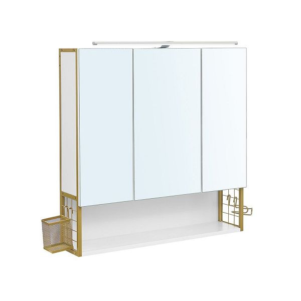 VASAGLE Mueble con espejo para baño de 3 puertas con iluminación y estante regulable en altura, dorado, BBK124A10