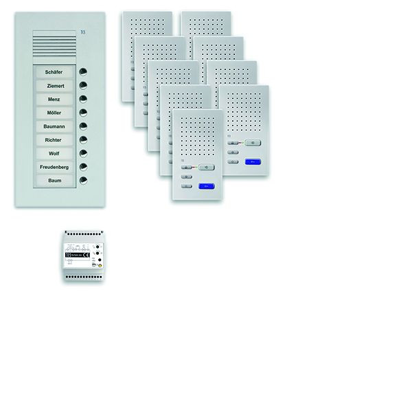 Sistema de control de puerta TCS audio: paquete UP para 9 unidades residenciales, con estación exterior PUK 9 botones de timbre, 9 altavoces manos libres ISW3030, unidad de control BVS20, PPUF09-EN / 02