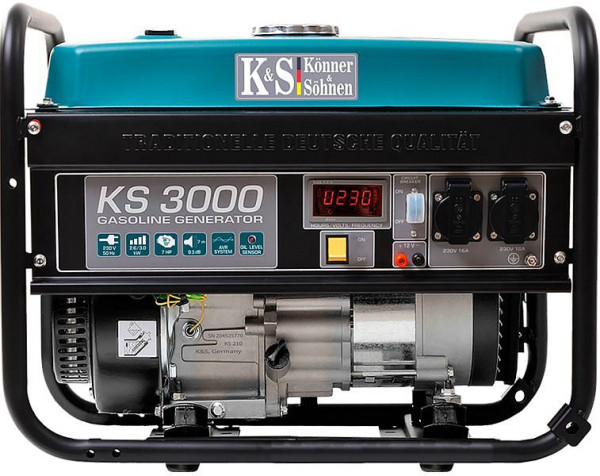 Könner & Söhnen Generador de gasolina de 3000W, 2x16A (230V), 12V, regulador de voltaje, protección contra bajo nivel de aceite, protección contra sobretensiones, pantalla, KS 3000