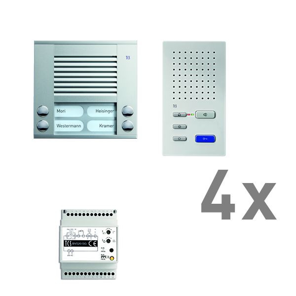 Sistema de control de puerta TCS audio: paquete AP para 4 unidades residenciales, con placa exterior PES 4 botones de timbre, 4 altavoces manos libres ISW3030, unidad de control BVS20, PAAF042 / 002