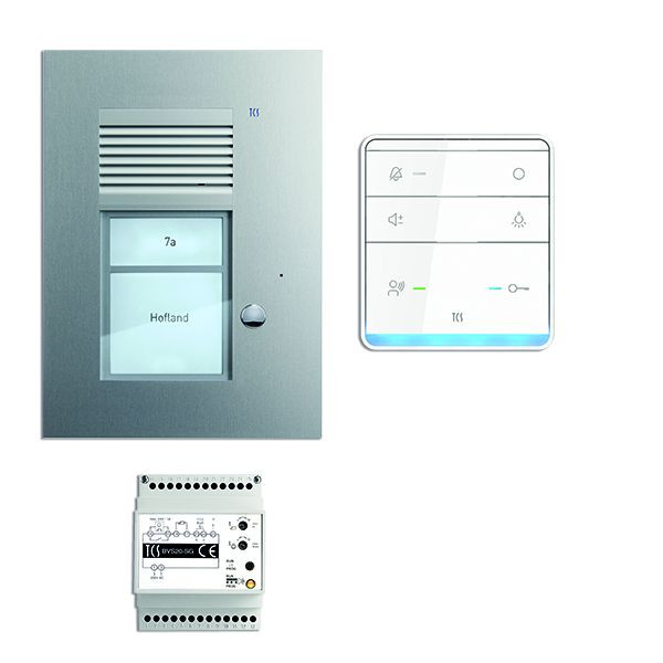 Sistema de control de puerta TCS audio: paquete AP para 1 unidad residencial, con estación exterior PUK 1 botón de timbre, 1x altavoz manos libres ISW5010, unidad de control BVS20, PSU2310-0000