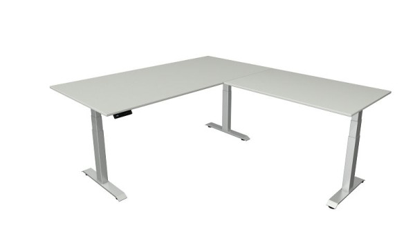 Mesa para sentarse y pararse Kerkmann An 2000 x P 1000 mm con elemento adicional 1200 x 800 mm, altura ajustable eléctricamente de 640 a 1290 mm, gris claro, 10043311