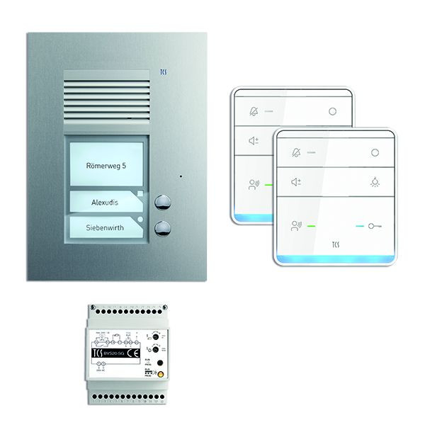 Sistema de control de puerta TCS audio: paquete AP para 2 unidades residenciales, con placa exterior PUK 2 botones de timbre, 2 altavoces manos libres ISW5010, unidad de control BVS20, PSU2320-0000