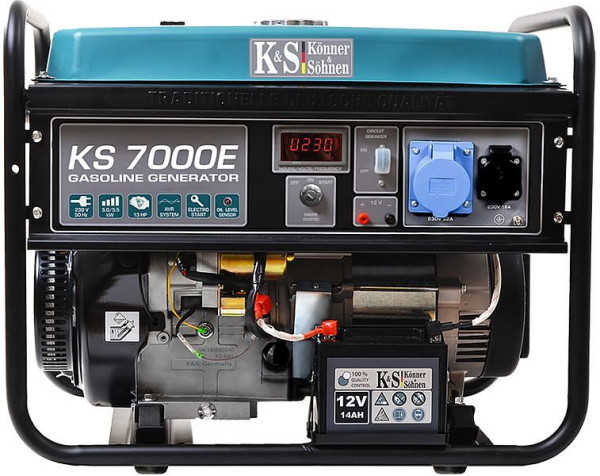 Könner & Söhnen Generador eléctrico de gasolina de 5500W, 1x16A(230V)/1x32A(230V), 12V, regulador de voltaje, protección contra bajo nivel de aceite, protección contra sobretensiones, pantalla, KS 7000E