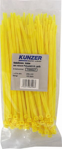 Kunzer Bridas para cables 200 x 4,8 amarillas (100 piezas) desmontables, 71042LY