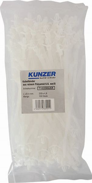 Kunzer Bridas para cables 200 x 4,8 blancas (100 piezas) con anclaje, 71035WANK