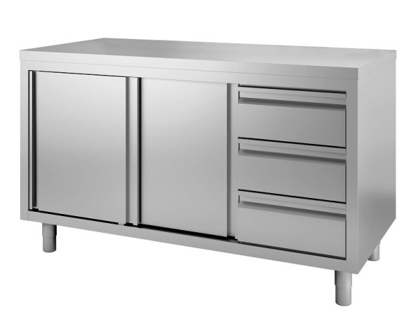 Mueble de trabajo Gastro-Inox de acero inoxidable con puertas giratorias y 3 cajones, 1000(L)x700(F)x880(H) mm, 302.341