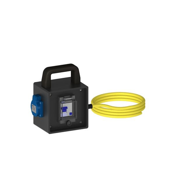Distribuidor de seguridad ELSPRO de goma maciza serie ESSEN, salida: 1 Schuko, corriente residual: 25 A, cable de alimentación de 3 m con enchufe Schuko, 1010007