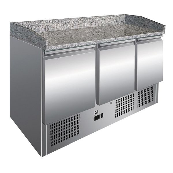 Mesa de refrigeración Gastro-Inox de acero inoxidable con 3 puertas y encimera de mármol, refrigeración por convección, capacidad neta 400 litros, 202.008