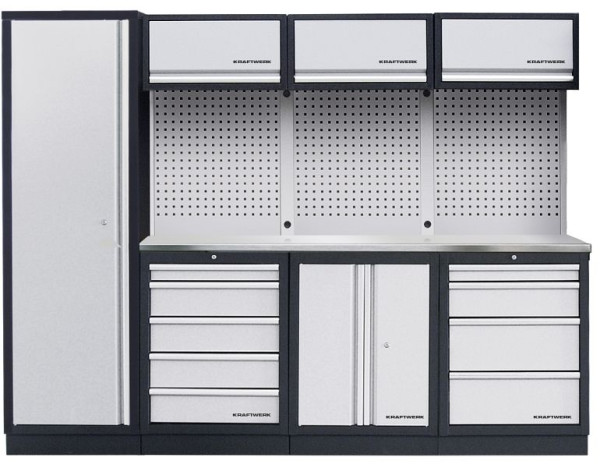 Sistema de armario de taller Kraftwerk MOBILIO de 4 elementos con encimera INOX inoxidable, con pared cuadrada perforada, 3964BIX
