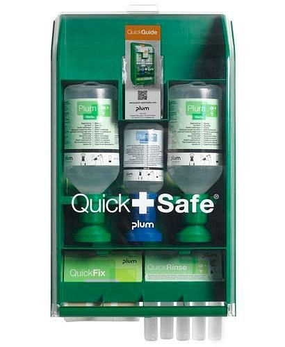 DENIOS QuickSafe Basic Box, puesto de primeros auxilios con lavaojos y tiritas, 243-634