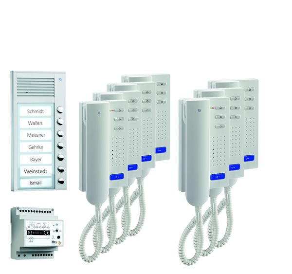 Sistema de control de puerta TCS audio: paquete AP para 7 unidades residenciales, con estación exterior PAK 7 botones de timbre, 7x portero automático ISH3030, unidad de control BVS20, PPA07-EN / 02