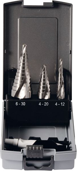 Broca escalonada de cassette Projahn con ranura en espiral HSS-Co, 3 piezas, tamaño 1-3, 76911